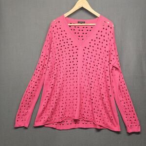 Lafayette 148 New York Pink Perforated Knit Sweater V Neck Womens Large